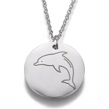 304 Stainless Steel Pendant Necklaces, with Lobster Claw Clasps, Flat Round with Dolphin, Stainless Steel Color, 17-1/2 inch(44.5cm)