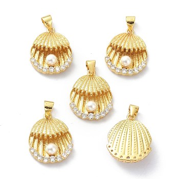 Brass Clear Cubic Zirconia Pendants, Long-Lasting Plated, with Acrylic Pearl Beads, Shell, Lead Free & Cadmium Free, Real 18K Gold Plated, 19.5x15.5x6mm, Hole: 3.5x4mm