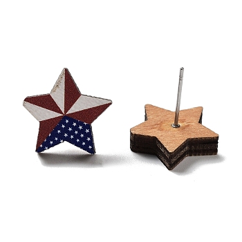 Independence Day Wood Stud Earrings, with 304 Stainless Steel Pins, Star, 15x15.5mm