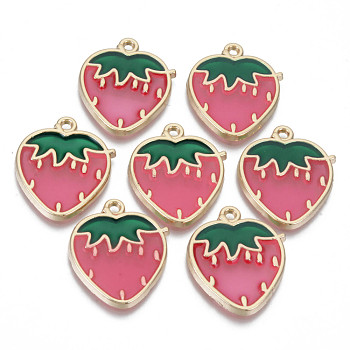 Transparent Epoxy Resin Pendants, with Alloy Findings and Enamel, Cadmium Free & Lead Free, Strawberry, Light Gold, Hot Pink, 27x22x2mm, Hole: 1.8mm