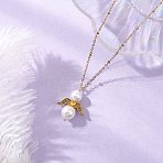 Shell Pearl with Alloy Wings Angel Pendant 304 Stainless Steel Satellite Chain Necklaces, White, Golden, 16.42 inch(41.7cm)(NJEW-JN05427)