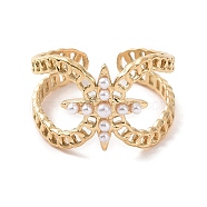 Plastic Imitation Pearl Beaded Star Open Cuff Ring, Titanium Steel Jewelry for Women, Golden, Inner Diameter: 17mm(KK-A181-VF510)