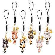 Cat & Flower Alloy Enamel Pendant Decoration, with Nylon Cord Loops and Iron Bell Charms, Mixed Color, 125mm, 6 colors, 1pc/color, 6pcs/set(HJEW-AB00477)