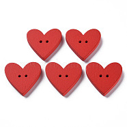 2-Hole Spray Painted Wood Buttons, Heart, Red, 22.5x23.5x3.5mm, Hole: 1.6mm(WOOD-S055-48)