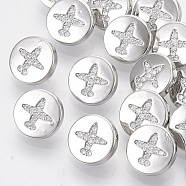 Brass Shank Buttons, with Micro Pave Cubic Zirconia, Flat Round with Airplane, Clear, Platinum, 10.5x5.5mm, Hole: 1.4mm(BUTT-S025-027)
