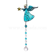 Glass Teardrop Prisms Suncatchers Hanging Ornaments, with Iron Angel, for Home, Garden Decoration, Dark Turquoise, 440~460mm(G-PW0004-73B)