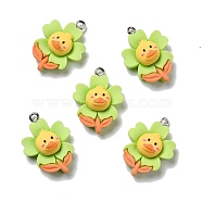 Opaque Resin Pendants, with Platinum Tone Iron Loops, Flower with Duck, Green Yellow, 26x18x8.5mm, Hole: 2mm(RESI-D055-081P)