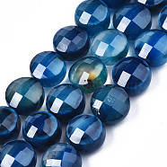 Natural Agate Beads Strands, Dyed, Faceted, Flat Round, Royal Blue, 9.5~10.5x9.5~10.5x6~8mm, Hole: 0.7~1.2mm, about 38pcs/strand, 14.37 inch~15.24 inch(36.5cm~38.7cm)(X-G-S359-366D)