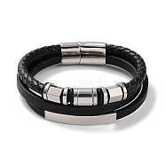 Men's Braided Black PU Leather Cord Multi-Strand Bracelets, Rectangle & Column 304 Stainless Steel Link Bracelets with Magnetic Clasps, Stainless Steel Color, 8-3/4 inch(22.2cm)(BJEW-K243-15P)