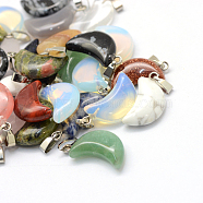 50Pcs Natural & Synthetic Mixed Gemstone Pendants, Moon Charms, with Platinum Tone Brass Findings, Mixed Dyed and Undyed, 21~24x12~14x5~6mm, Hole: 2x7mm(G-TAG0001-08)