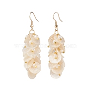 Natural Capiz Shell Cluster Earrings, with Natural Pearl Beads and Brass Earring Hooks, Flat Round, Golden, Seashell Color, 66x16mm, Pin: 0.7mm(EJEW-JE04471)