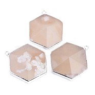 Hexagon Natural Cherry Blossom Agate Pendants, with Edge Platinum Plated and Iron Loops, Faceted, 39~42x31~33x9~12mm, Hole: 2~2.5mm(G-S359-174)