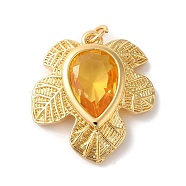 Leaf Rack Plating Brass Pendants, with Glass, Long-Lasting Plated, Lead Free & Cadmium Free, with Jump Ring, Golden, Orange, 22.5x25x5mm, Hole: 3mm(KK-U022-08B-02)