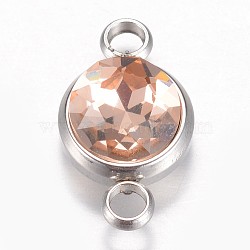 Glass Links connectors, Faceted, with 304 Stainless Steel Findings, Flat Round, Stainless Steel Color, Light Peach, 17.5x10x6.5mm, Hole: 2.5mm(GLAA-G018-P09)