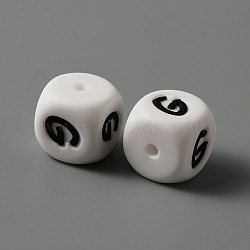 Food Grade Eco-Friendly Silicone Beads, White Cube with Black Letter, Letter.G, 12x12x12mm, Hole: 2mm(SIL-TAG0001-01G)