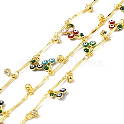 Handmade Brass Bar Link Chain, with Enamel Cherry with Evil Eye & Rhinestone Charm, Long-Lasting Plated, Soldered, with Spool, Colorful, 14x2x1mm(CHC-D032-14G)