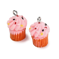 Opaque Resin Imitation Food Pendants, Sprinkled Cupcake Charm, with Platinum Iron Loop, Pink, 21.5x13x12.5mm, Hole: 1.8mm(RE-CBAF169-07A)