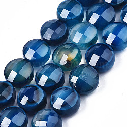 Natural Agate Beads Strands, Dyed, Faceted, Flat Round, Royal Blue, 9.5~10.5x9.5~10.5x6~8mm, Hole: 0.7~1.2mm, about 38pcs/strand, 14.37 inch~15.24 inch(36.5cm~38.7cm)(X-G-S359-366D)