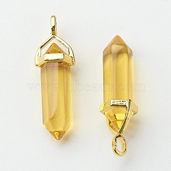 Glass Pointed Pendants, with Alloy Finding, Golden, Bullet, Yellow, 37~40x12.5x10mm, Hole: 3x4.5mm(GLAA-G021-A06)