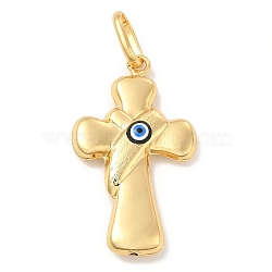 Brass Pendants, with Enamel, Real 18K Gold Plated, Long-Lasting Plated, Cross with Evil Eye Charm, Black, 40x26x7mm, Hole: 10x7mm(KK-E076-02G-08)