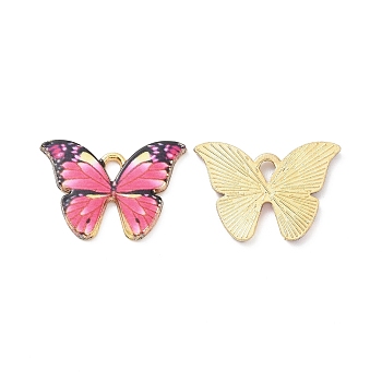 Alloy Enamel Pendants, Light Gold, Cadmium Free & Nickel Free & Lead Free, Butterfly Charm, Hot Pink, 15x21.5x1.5mm, Hole: 2x3mm