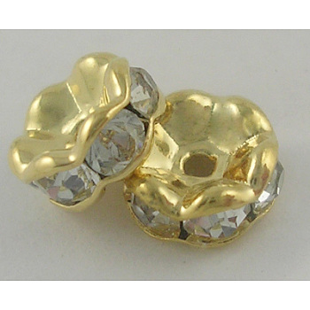 Middle East Rhinestone Spacer Beads, Clear, Brass, Golden Metal Color, Nickel Free, Size: about 8mm in diameter, 3.8mm thick, hole: 1.5mm