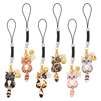 Cat & Flower Alloy Enamel Pendant Decoration, with Nylon Cord Loops and Iron Bell Charms, Mixed Color, 125mm, 6 colors, 1pc/color, 6pcs/set