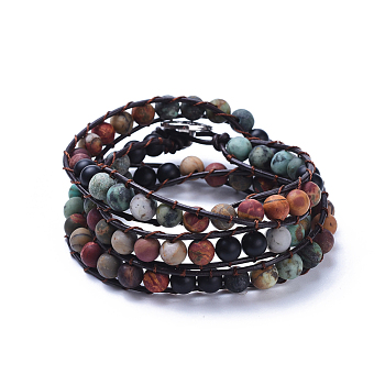 Three Loops Frosted Natural Gemstone Beads Wrap Bracelets, with Cowhide Leather Cord and Zinc Alloy Shank Buttons, with Burlap Packing Pouches Drawstring Bags, 22.4 inch(57cm)