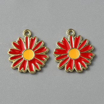 Light Gold Plated Alloy Enamel Pendants, Daisy Charms, Red, 18x16x1mm, Hole: 1.3mm