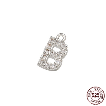 Real Platinum Plated Rhodium Plated 925 Sterling Silver Micro Pave Clear Cubic Zirconia Charms, Initial Letter, Letter B, 9.5x5x1mm, Hole: 0.9mm