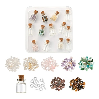 DIY Jewelry Making Kits, Including 70g Natural Gemstone Chip Beads, 28Pcs Jar Glass Bottles and Iron Screw Eye Pin Peg Bails, Mixed Color, Gemstone Chip Beads: 70g/box