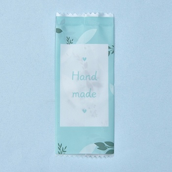 Plastic Bags, with Words Handmade & Printed leaves Pattern, Bag for Packing Biscuit, Available for Bag Heat Sealer, Rectangle, Light Green, 9.6x3.9x0.02cm