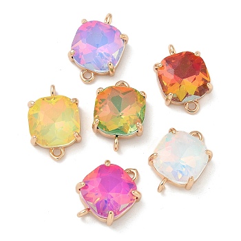 Brass Pave Faceted Glass Square Connector Charms, Light Gold, Mixed Color, 18.5x12x6mm, Hole: 1.6mm