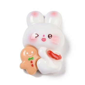 Christmas Theme Resin Cabochons, Rabbit with Gingerbread Man, White, 25x16.5x8.5mm
