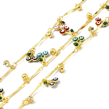 Handmade Brass Bar Link Chain, with Enamel Cherry with Evil Eye & Rhinestone Charm, Long-Lasting Plated, Soldered, with Spool, Colorful, 14x2x1mm
