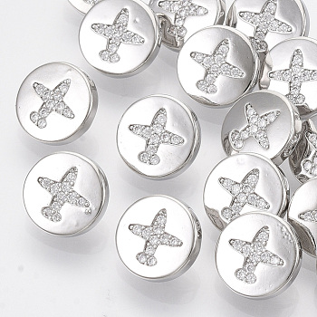 Brass Shank Buttons, with Micro Pave Cubic Zirconia, Flat Round with Airplane, Clear, Platinum, 10.5x5.5mm, Hole: 1.4mm