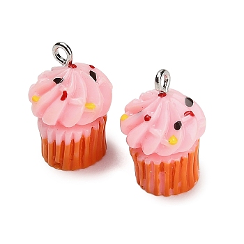 Opaque Resin Imitation Food Pendants, Sprinkled Cupcake Charm, with Platinum Iron Loop, Pink, 21.5x13x12.5mm, Hole: 1.8mm