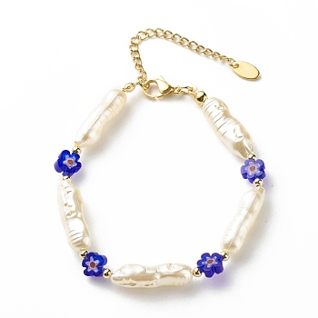 ABS Imitation Pearl & Millefiori Glass Beaded Bracelet for Women, Blue, 7-1/2 inch(19.2cm)
