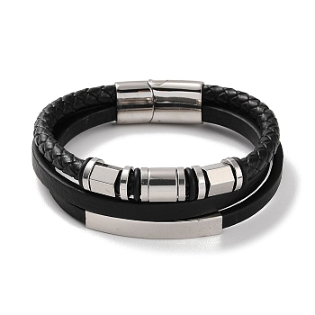 Men's Braided Black PU Leather Cord Multi-Strand Bracelets, Rectangle & Column 304 Stainless Steel Link Bracelets with Magnetic Clasps, Stainless Steel Color, 8-3/4 inch(22.2cm)