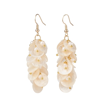 Natural Capiz Shell Cluster Earrings, with Natural Pearl Beads and Brass Earring Hooks, Flat Round, Golden, Seashell Color, 66x16mm, Pin: 0.7mm