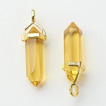 Glass Pointed Pendants, with Alloy Finding, Golden, Bullet, Yellow, 37~40x12.5x10mm, Hole: 3x4.5mm