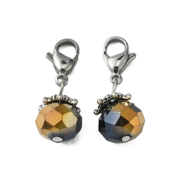 Electroplate Faceted Glass Pendants, with 304 Stainless Steel Lobster Claw Clasps, Round, Black, 25mm, Pendant: 14.5x9mm