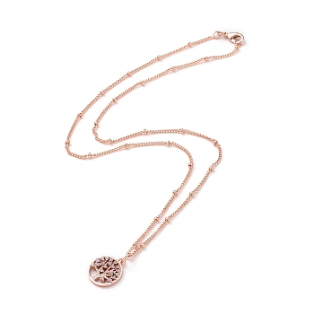 Brass Micro Pave Cubic Zirconia Pendant Necklaces, with Brass Satellite Chains/Curb Chains, Flat Round and Tree of Life, Rose Gold, 16.7 inch(42.6cm)