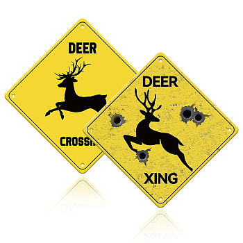 Globleland 2Pcs 2 Style Aluminum Warning Sign, Caution Animal Sign, for Road, Highway, Deer Pattern, 250x250x0.8mm, 1pc/style