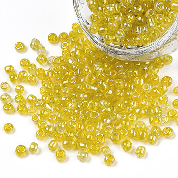 Round Glass Seed Beads, Transparent Colours Rainbow, Round, Yellow, 3mm, Hole: 1mm, about about 1102pcs/50g