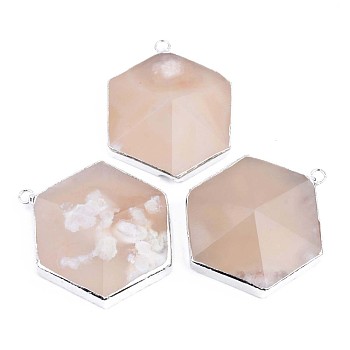 Hexagon Natural Cherry Blossom Agate Pendants, with Edge Platinum Plated and Iron Loops, Faceted, 39~42x31~33x9~12mm, Hole: 2~2.5mm