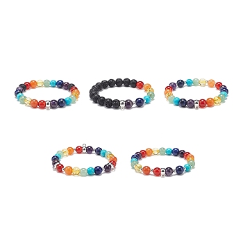 5Pcs 5 Style Natural & Synthetic Mixed Gemstone Round Beaded Stretch Bracelets Set with Alloy Tube Bails, Chakra Yoga Theme Stackable Bracelets for Women, Inner Diameter: 2-1/4 inch(5.7cm), 1Pc/style