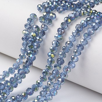 Electroplate Transparent Glass Beads Strands, Half Green Plated, Faceted, Rondelle, Light Sky Blue, 6x5mm, Hole: 1mm, about 85~88pcs/strand, 16.1~16.5 inch(41~42cm)