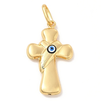 Brass Pendants, with Enamel, Real 18K Gold Plated, Long-Lasting Plated, Cross with Evil Eye Charm, Black, 40x26x7mm, Hole: 10x7mm