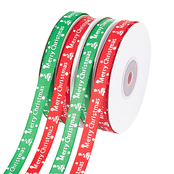 Nbeads 4 Rolls 2 Colors Merry Christmas Printed Polyester Grosgrain Ribbons, Flat, Mixed Color, 3/8 inch(9~10mm), about 25.00 Yards(22.86m)/Roll, 2 rolls/color